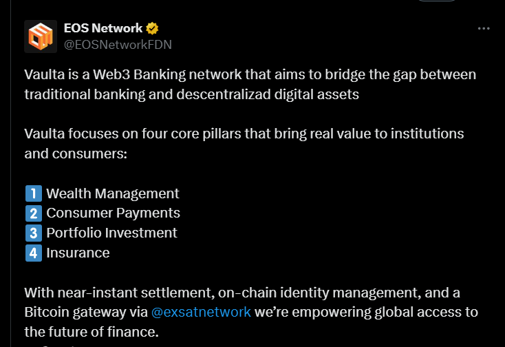 EOS：Vaulta 将专注于财富管理、消费支付、投资组合管理和保险领域四大领域