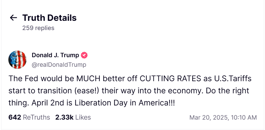 特朗普：随着美国关税开始影响经济，美联储最好降息，做正确的事