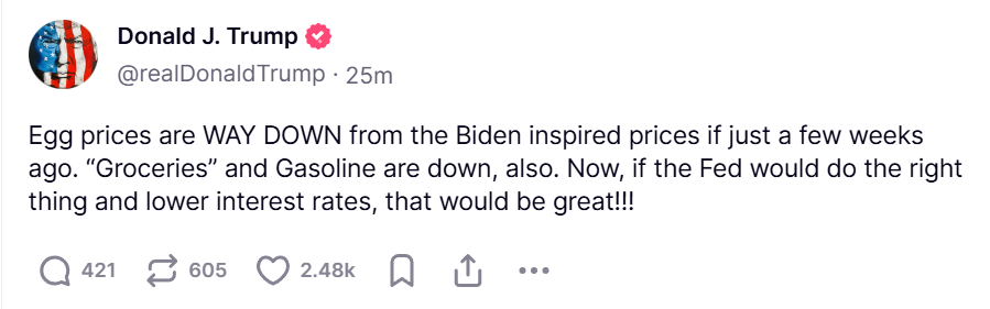 特朗普再次呼吁美联储降息