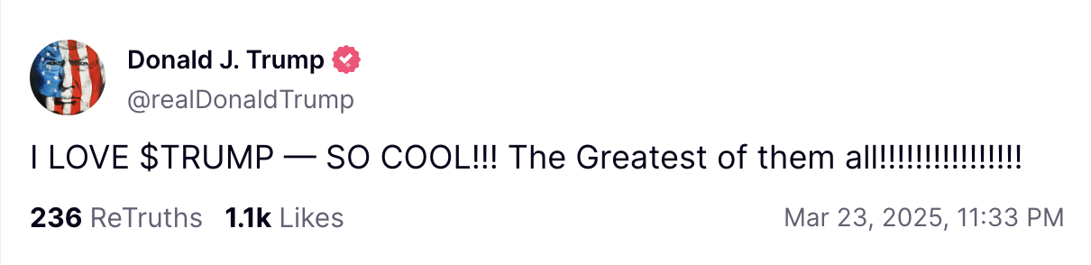 特朗普：我爱 $TRUMP，非常酷
