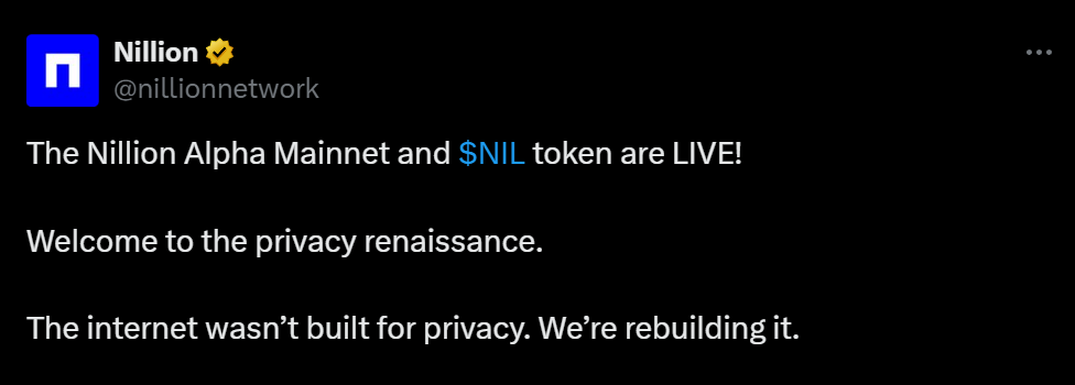 Nillion Alpha 宣布主网现已上线