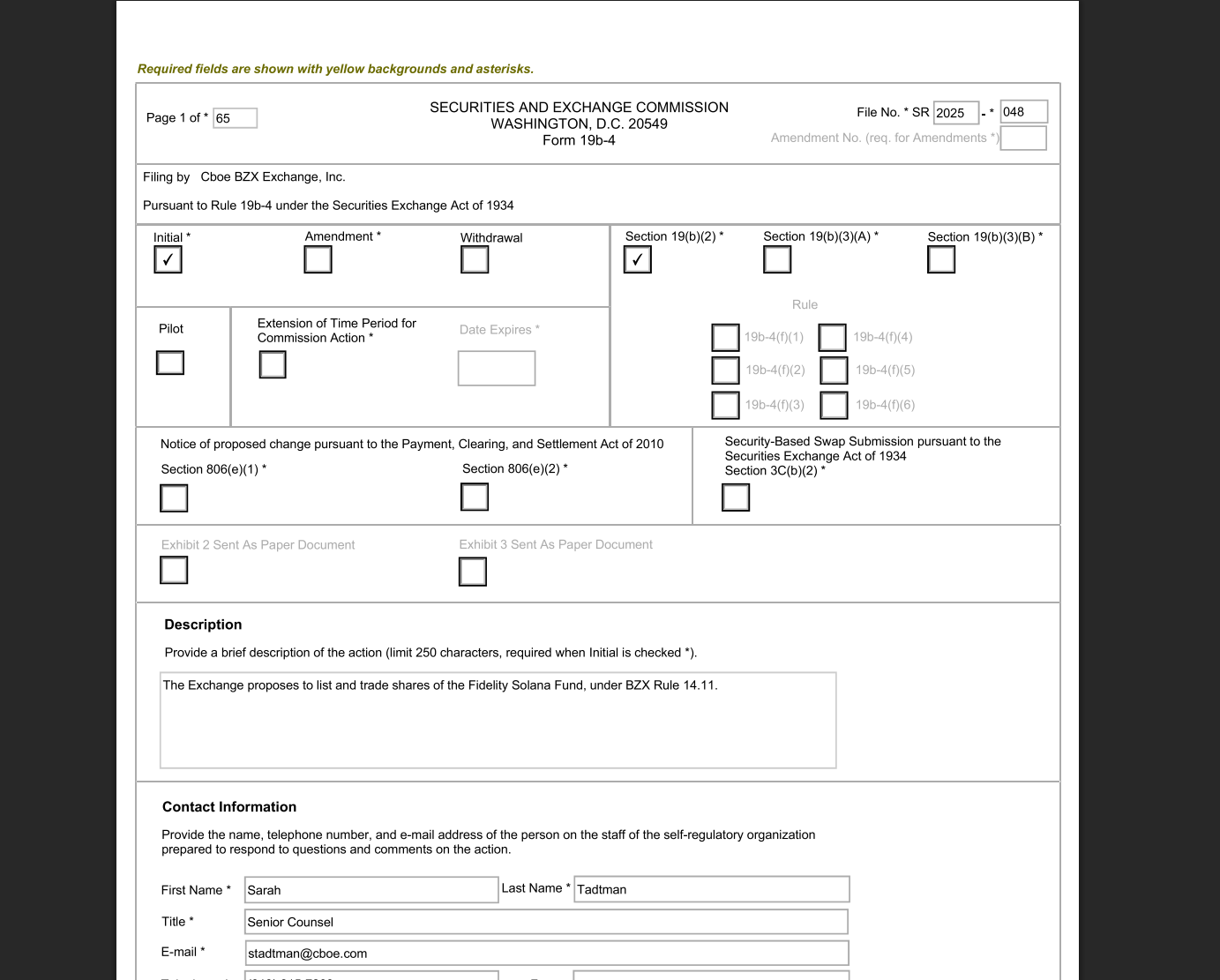 Cboe BZX 交易所已向 SEC 提交申请，拟上市富达 Solana ETF
