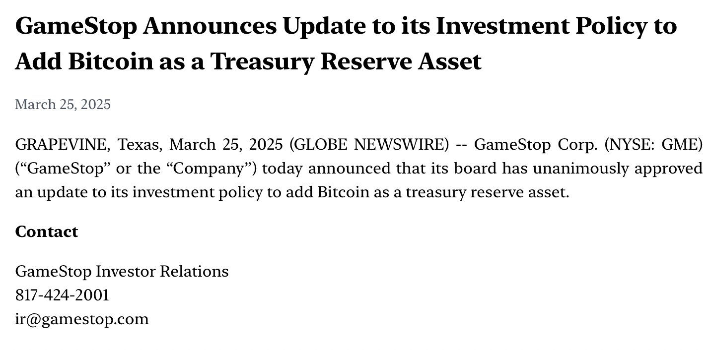 GameStop 宣布将比特币纳入储备资产