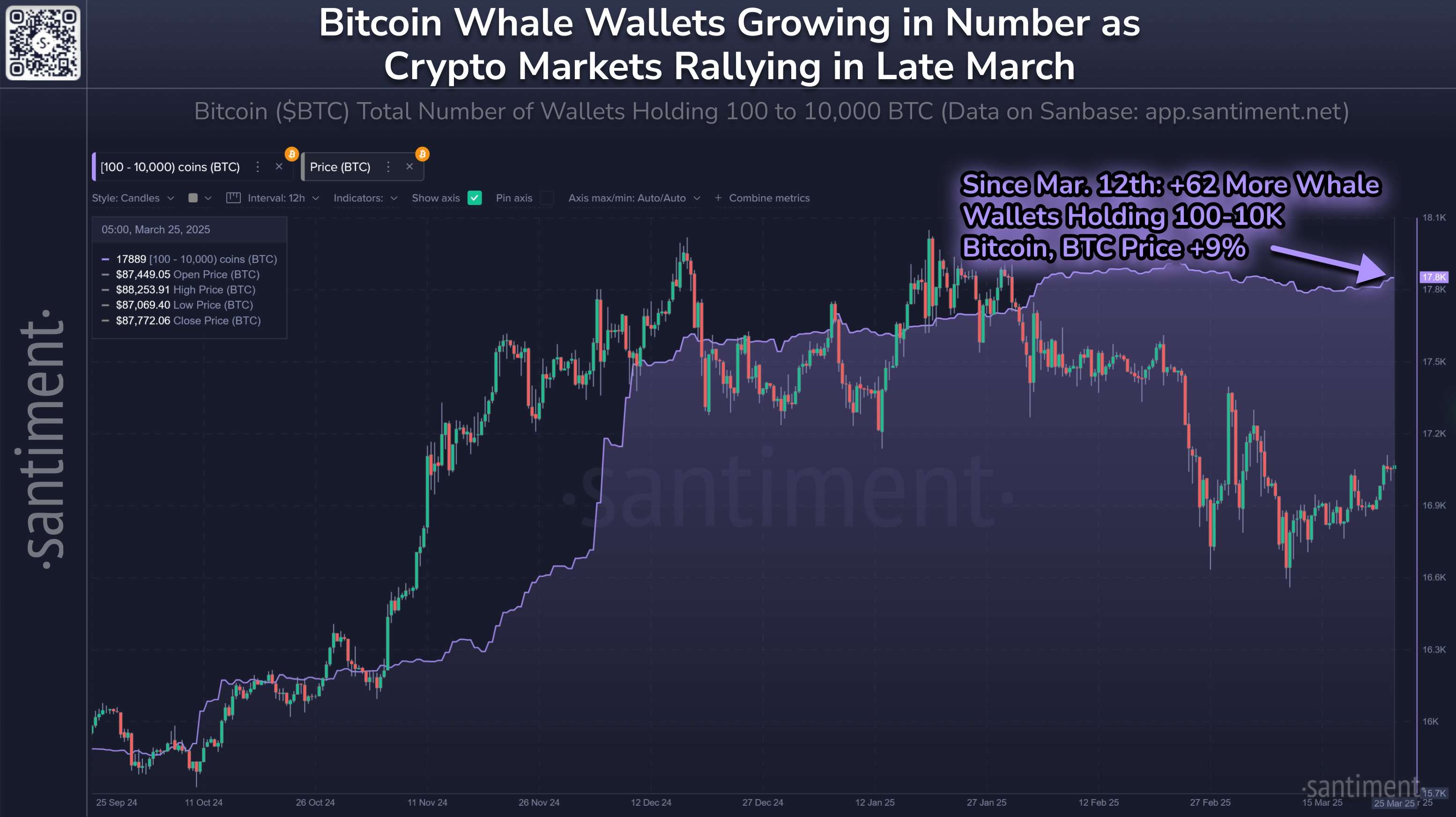 Santiment：比特币鲸鱼重启积累，持有 100 至 10,000 个比特币的钱包总数增至 17889 个