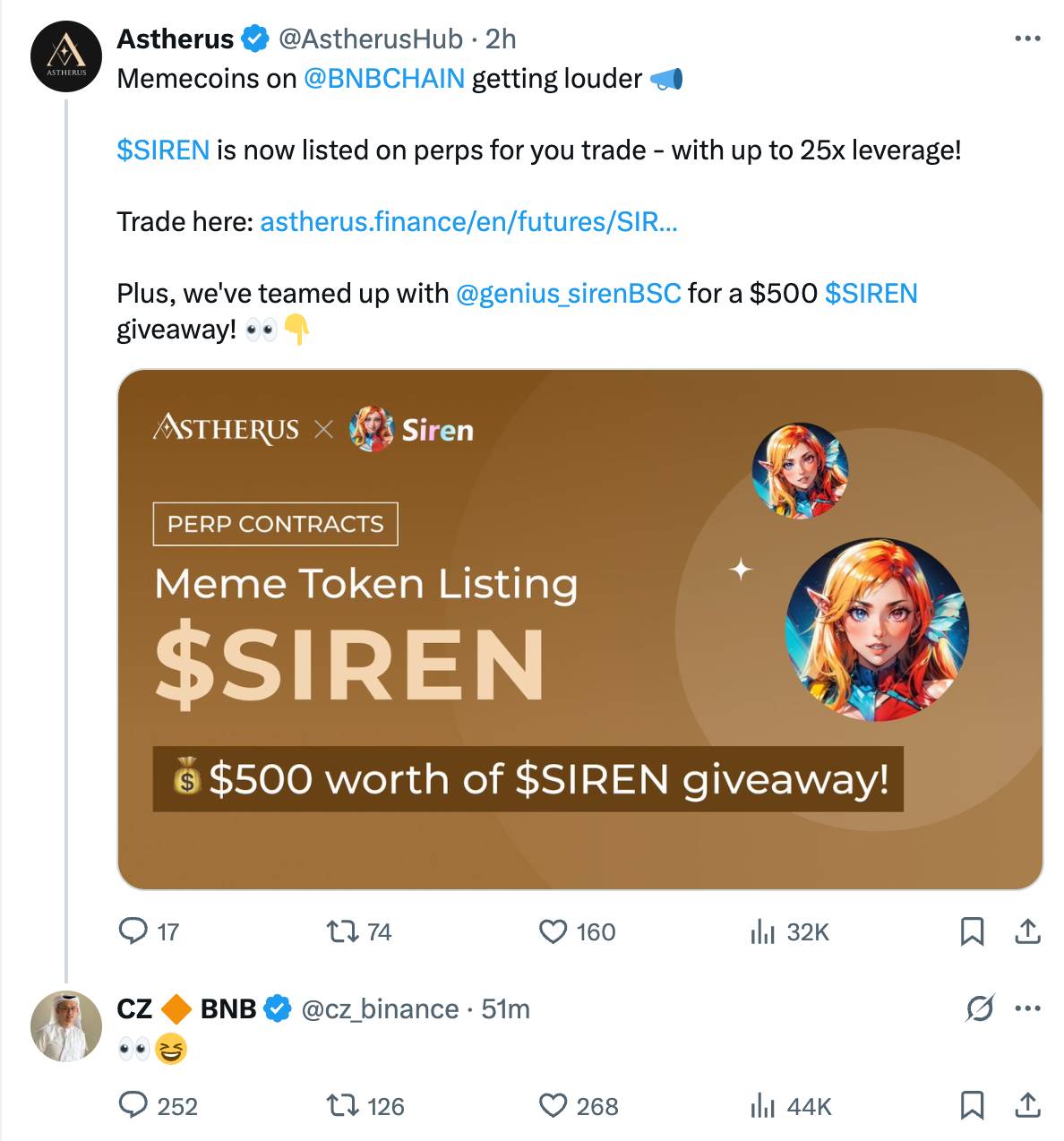 Astherus 宣布将上线 $SIREN 代币，CZ 与其互动
