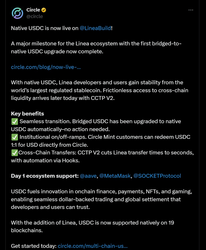 Circle 已在 Linea 上推出原生 USDC