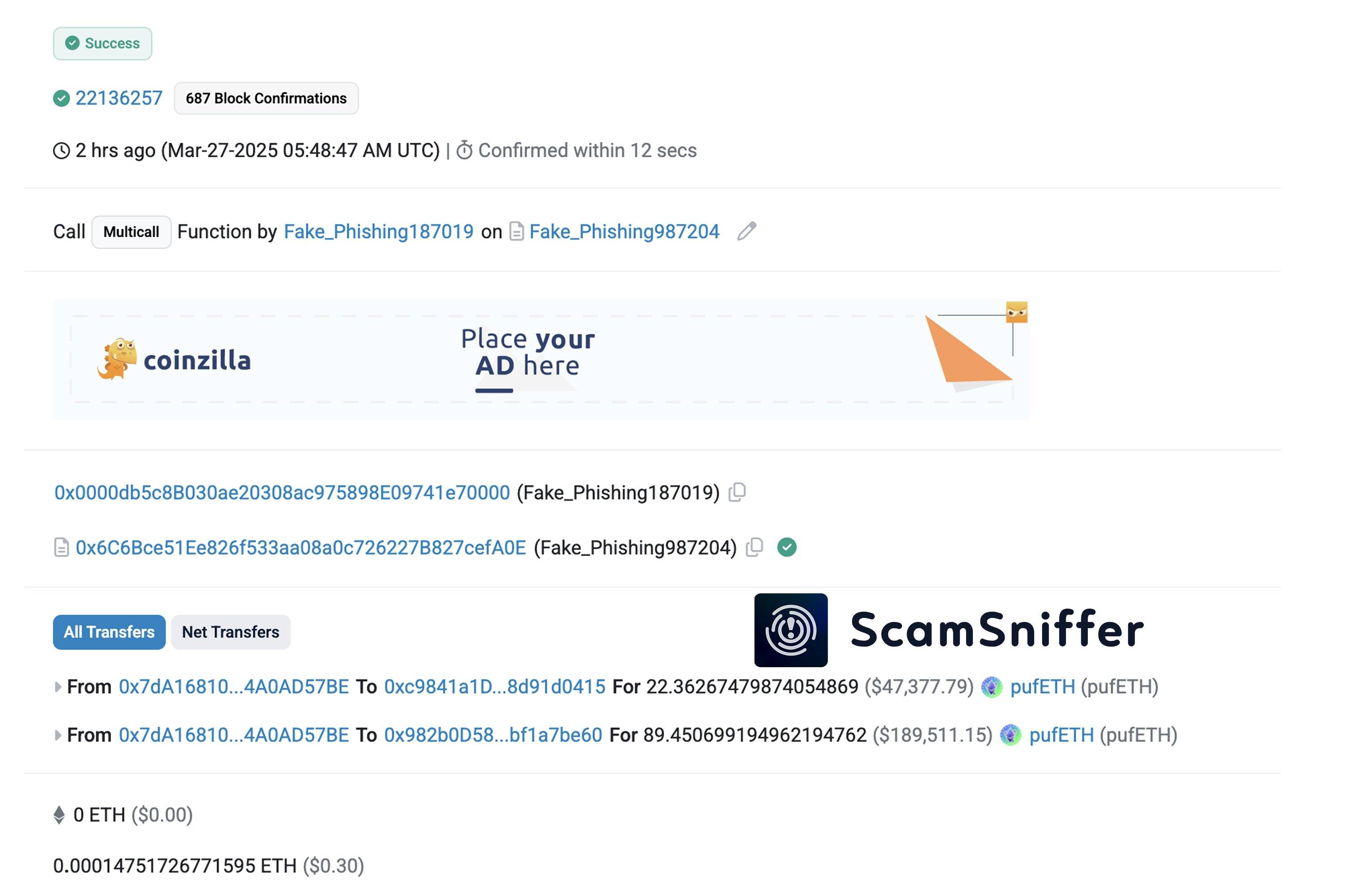 Scam Sniffer：某用户因签署钓鱼签名损失价值 22.6 万美元 pufETH 代币