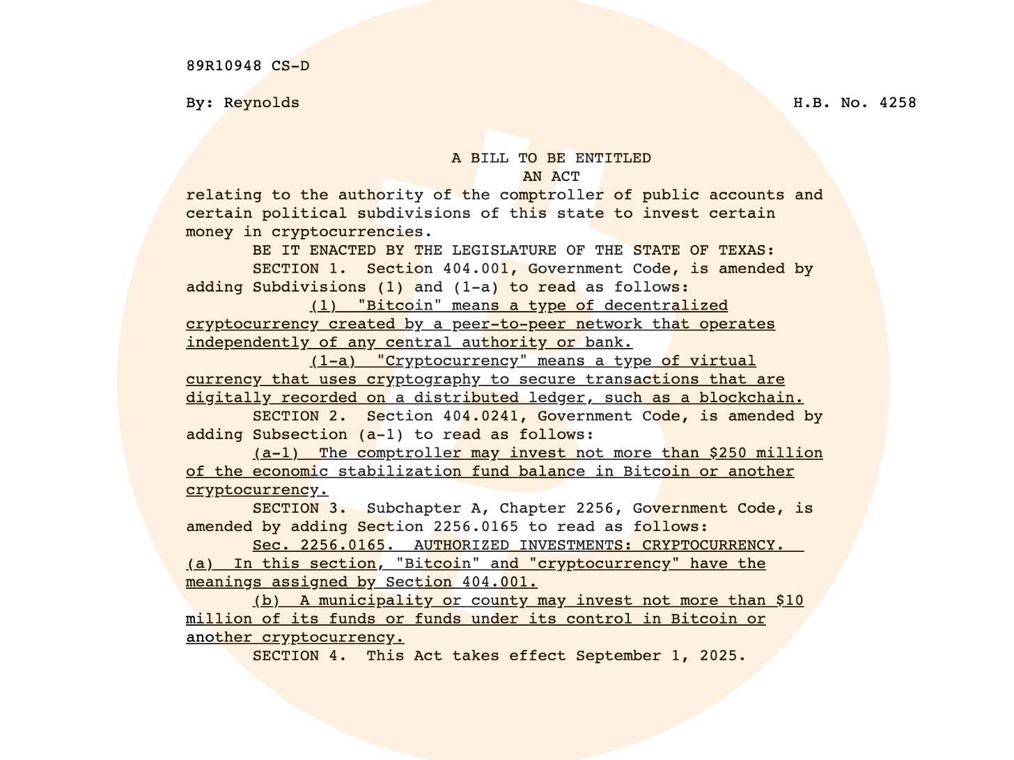 德州民主党议员提出新法案：建议州政府投资最高 2.5 亿美元购买比特币