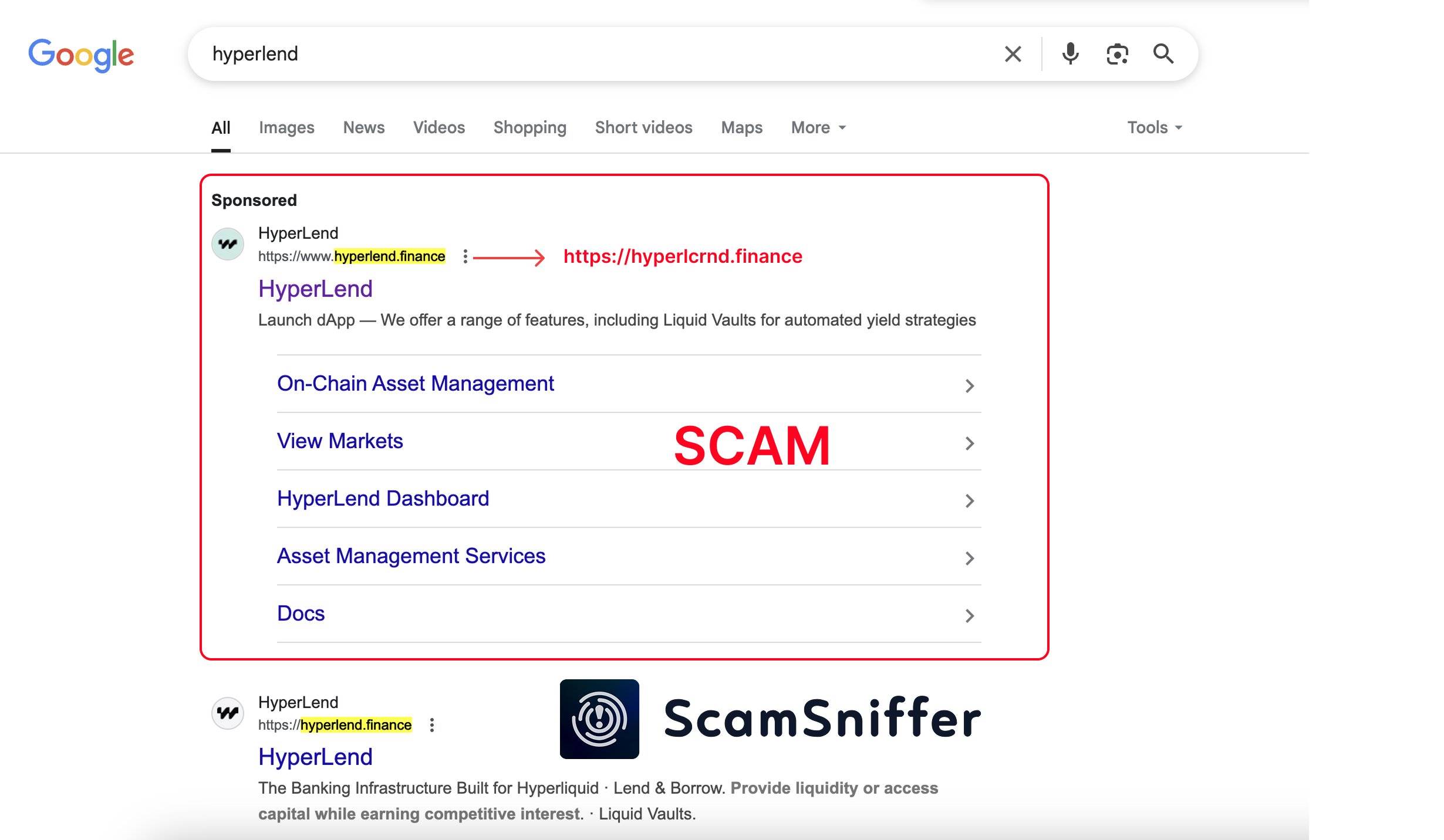Scam Sniffer：谷歌搜索结果出现虚假 HyperLend 广告，切勿点击相关链接