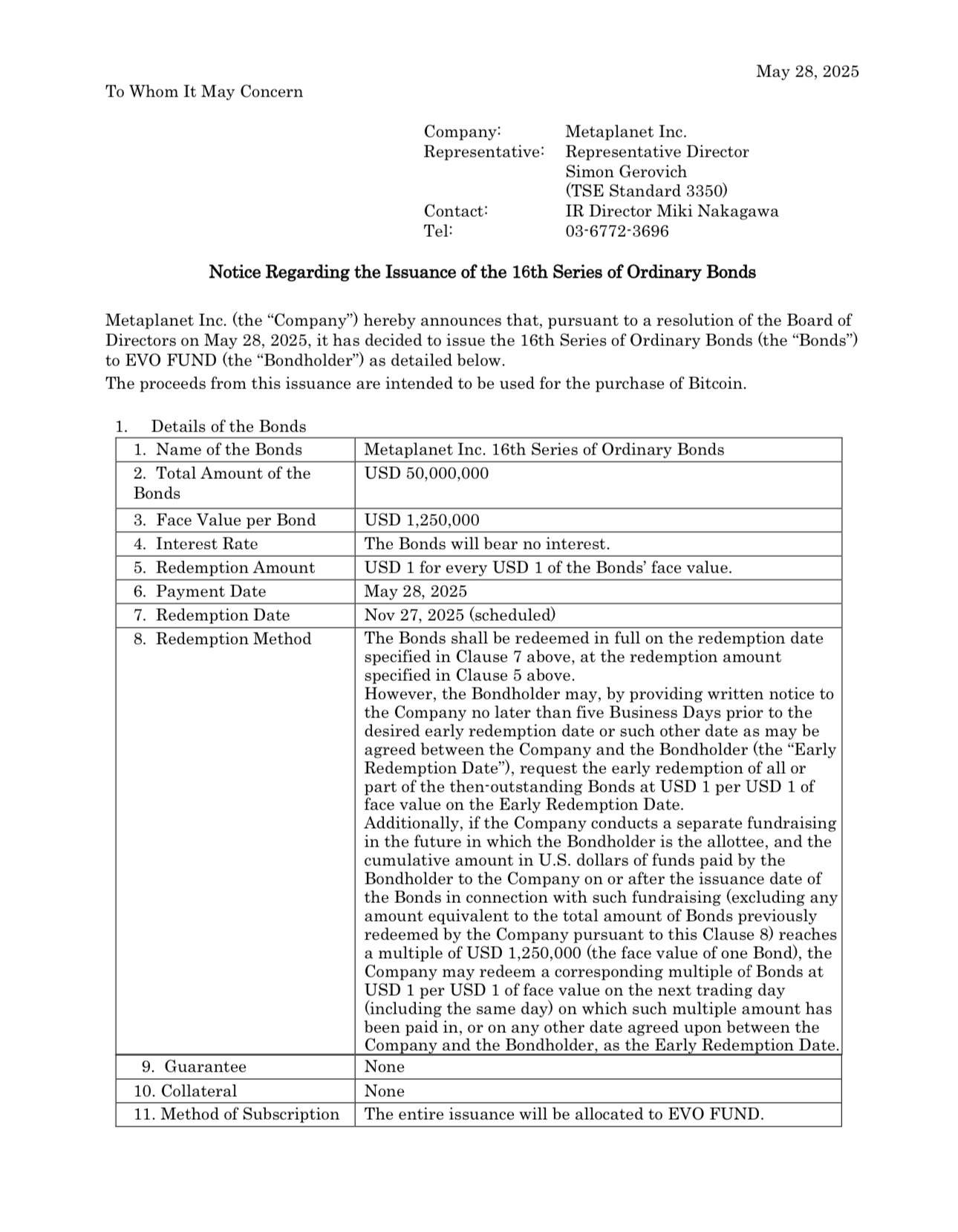 Metaplanet 宣布增发 5000 万美元零息普通债券用于购买比特币