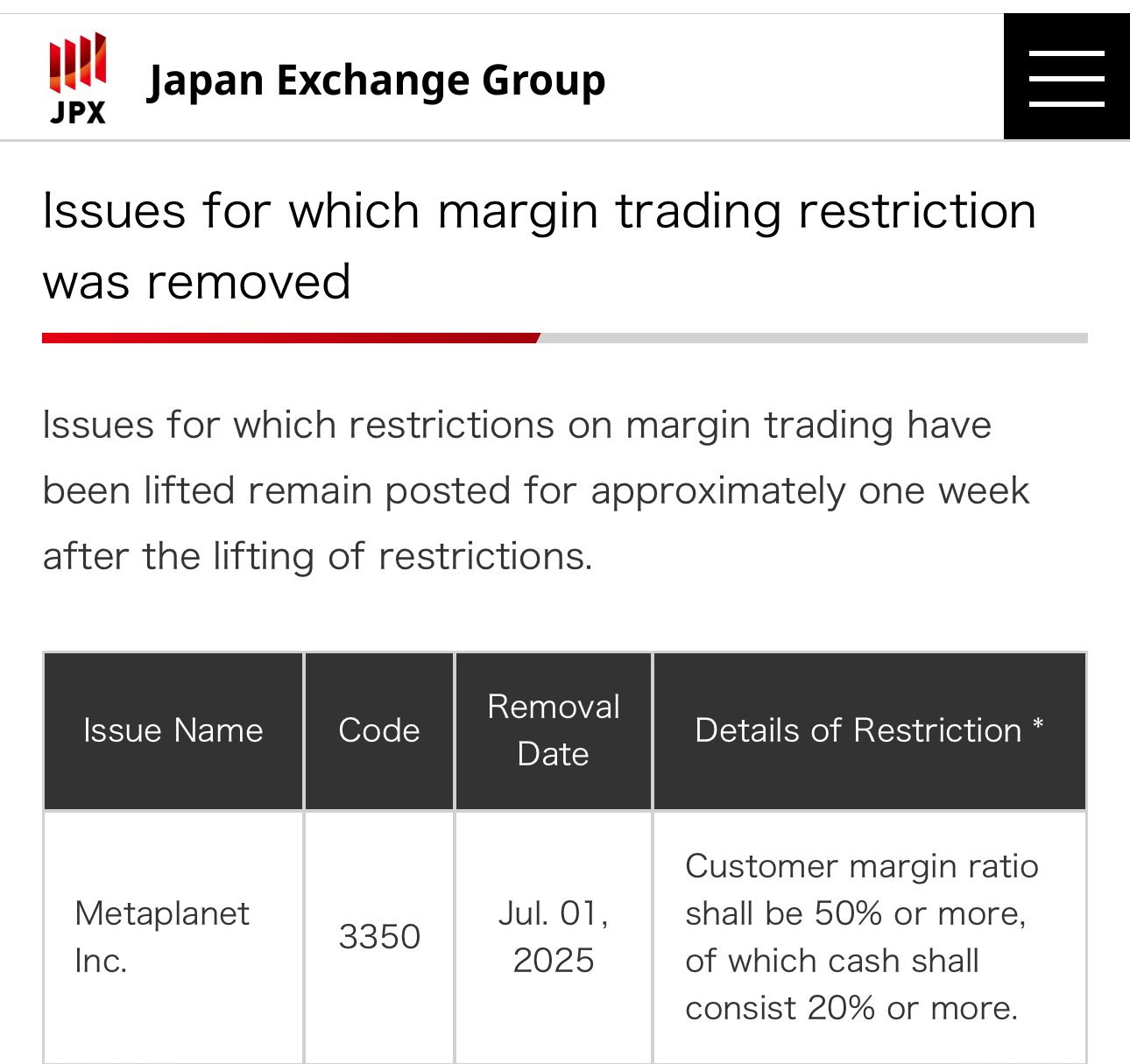 东京证券交易所将于 7 月 1 日起解除 Metaplanet 保证金交易限制