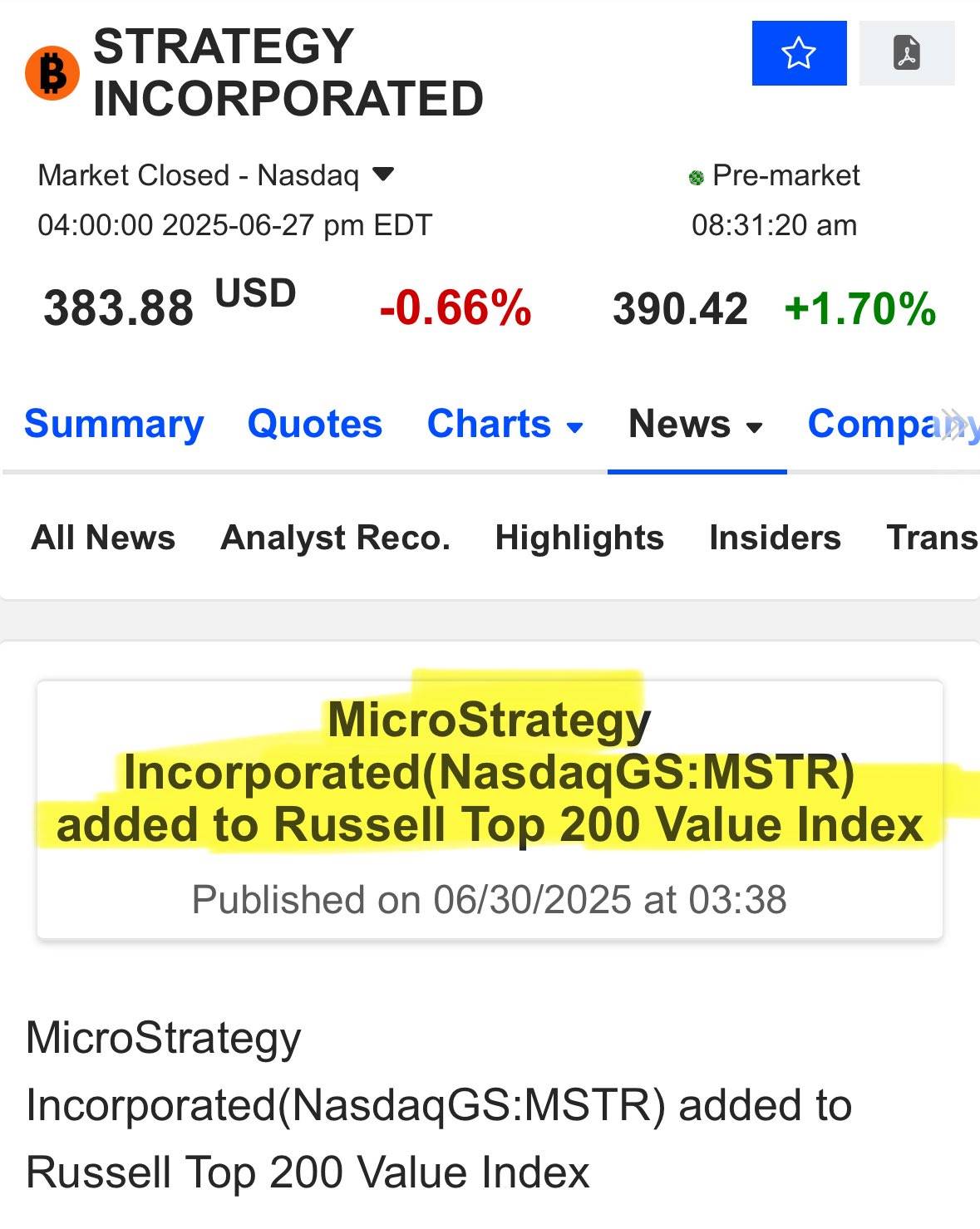 Strategy 已被纳入罗素 200 强价值指数