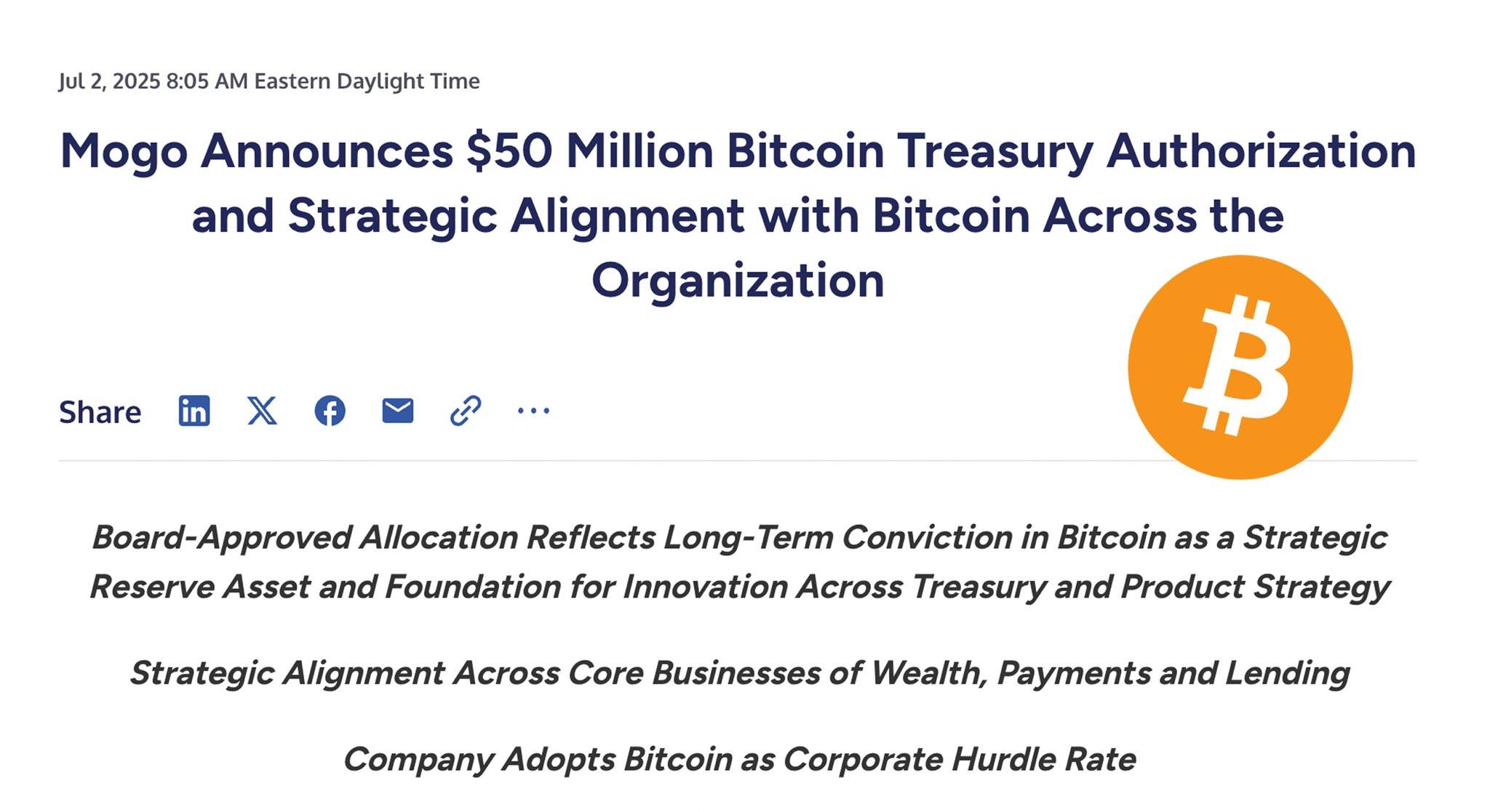 加拿大金融科技公司 Mogo 宣布董事会已授权将 5000 万美元资金配置于比特币
