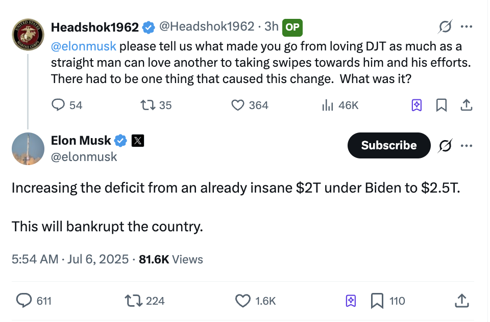 马斯克回应为何与特朗普关系转变：赤字增加会使美国破产