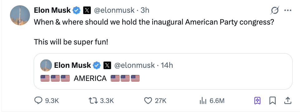马斯克发帖询问：“美国党”首次代表大会在何时何地举行好？