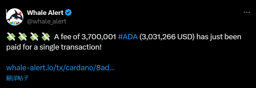 Cardano 链上出现一笔手续费超 303 万美元的交易