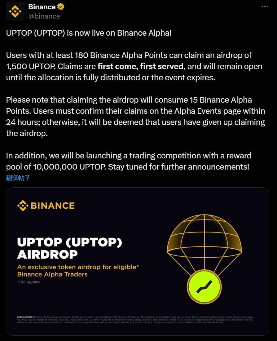 Binance alpha 已上线 UPTOP，空投申领门槛为 180 币安 Alpha 积分