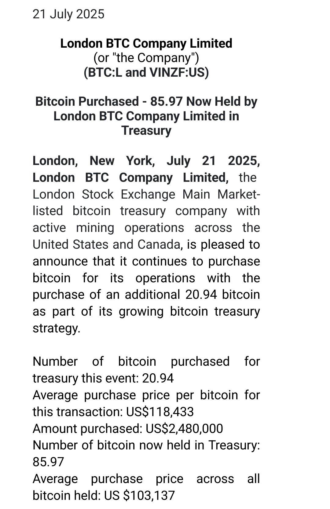 英国上市公司 London BTC Company 增持 20.94 枚 BTC，总持仓量达 85.97枚