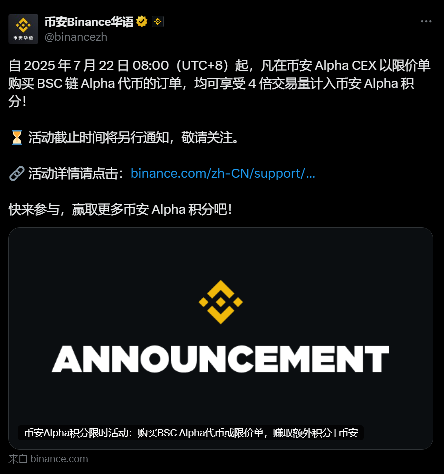 币安 Alpha：将为 BSC 链 Alpha 代币限价买单提供 4 倍交易量积分