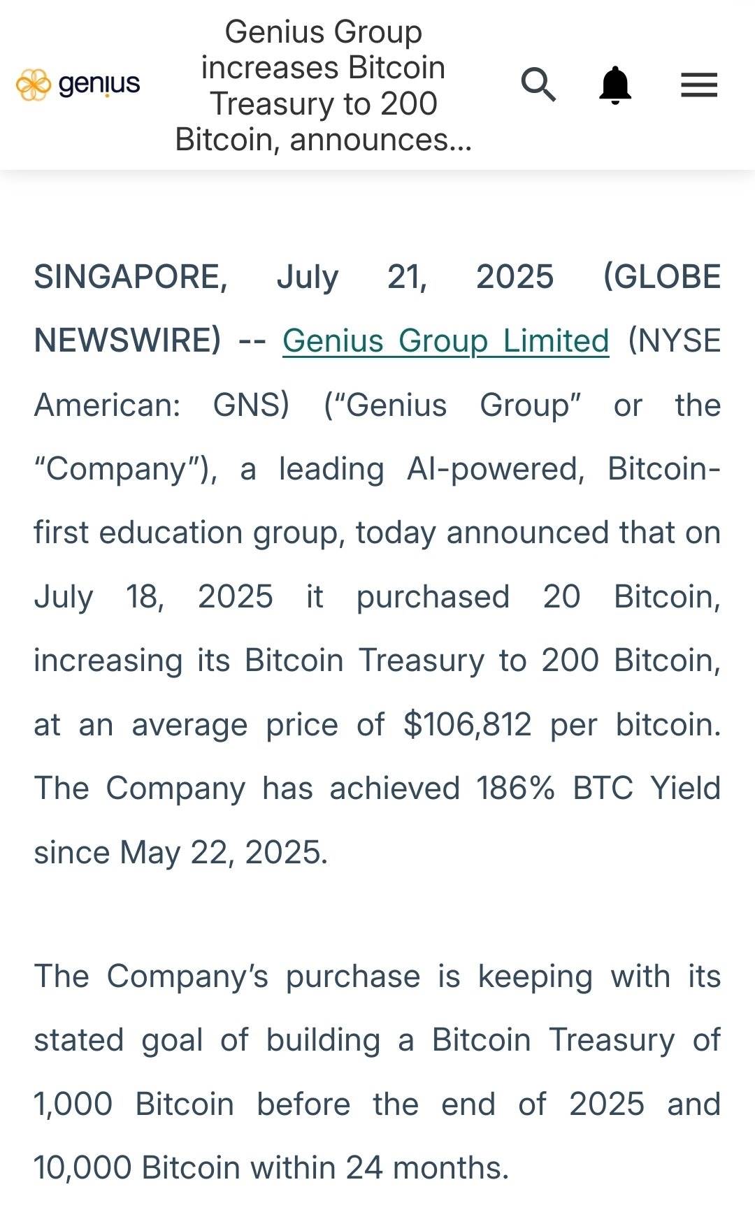 美股上市公司 Genius Group 增持 20 枚比特币，总持仓量达 200 枚