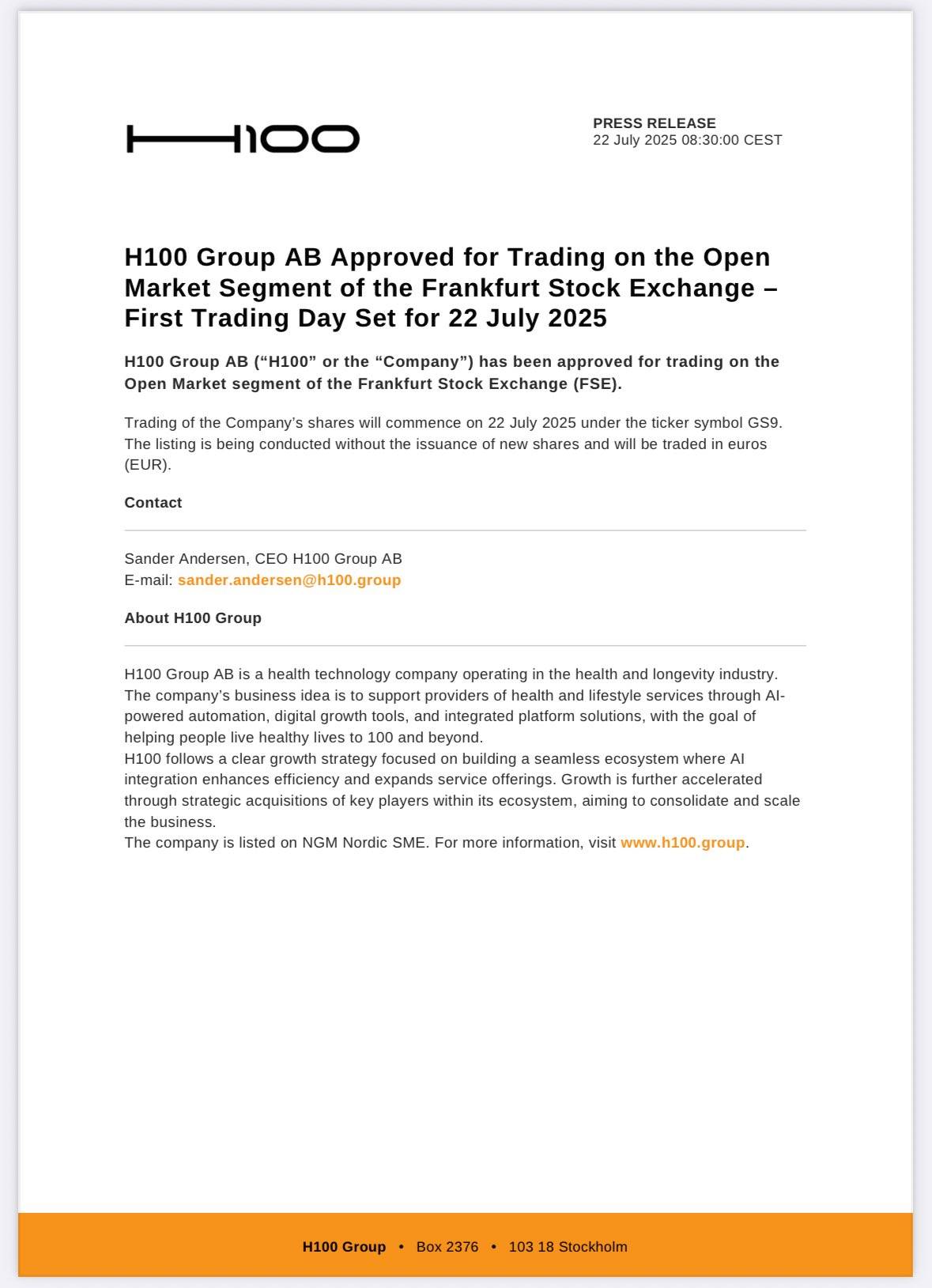 BTC 财库公司 H100 Group 获批在法兰克福证券交易所上市交易