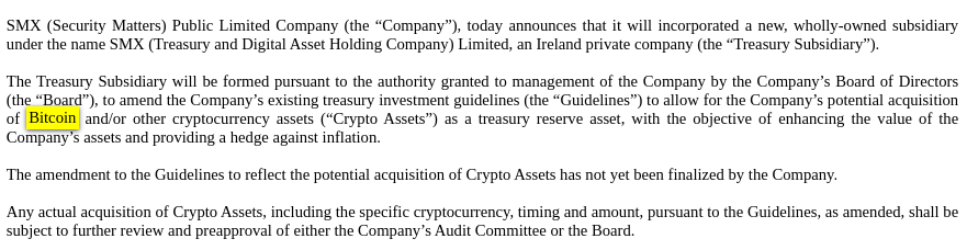 爱尔兰公司 SMX 计划将比特币等加密资产纳入财库储备，以提升资产价值并对冲通胀