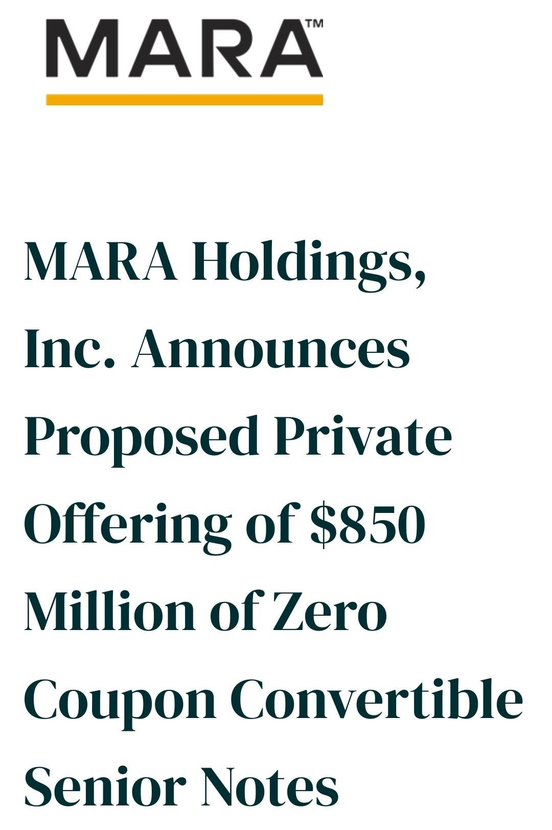 加密矿企 MARA 将发行 8.5亿 美元可转换票据，以购买更多比特币