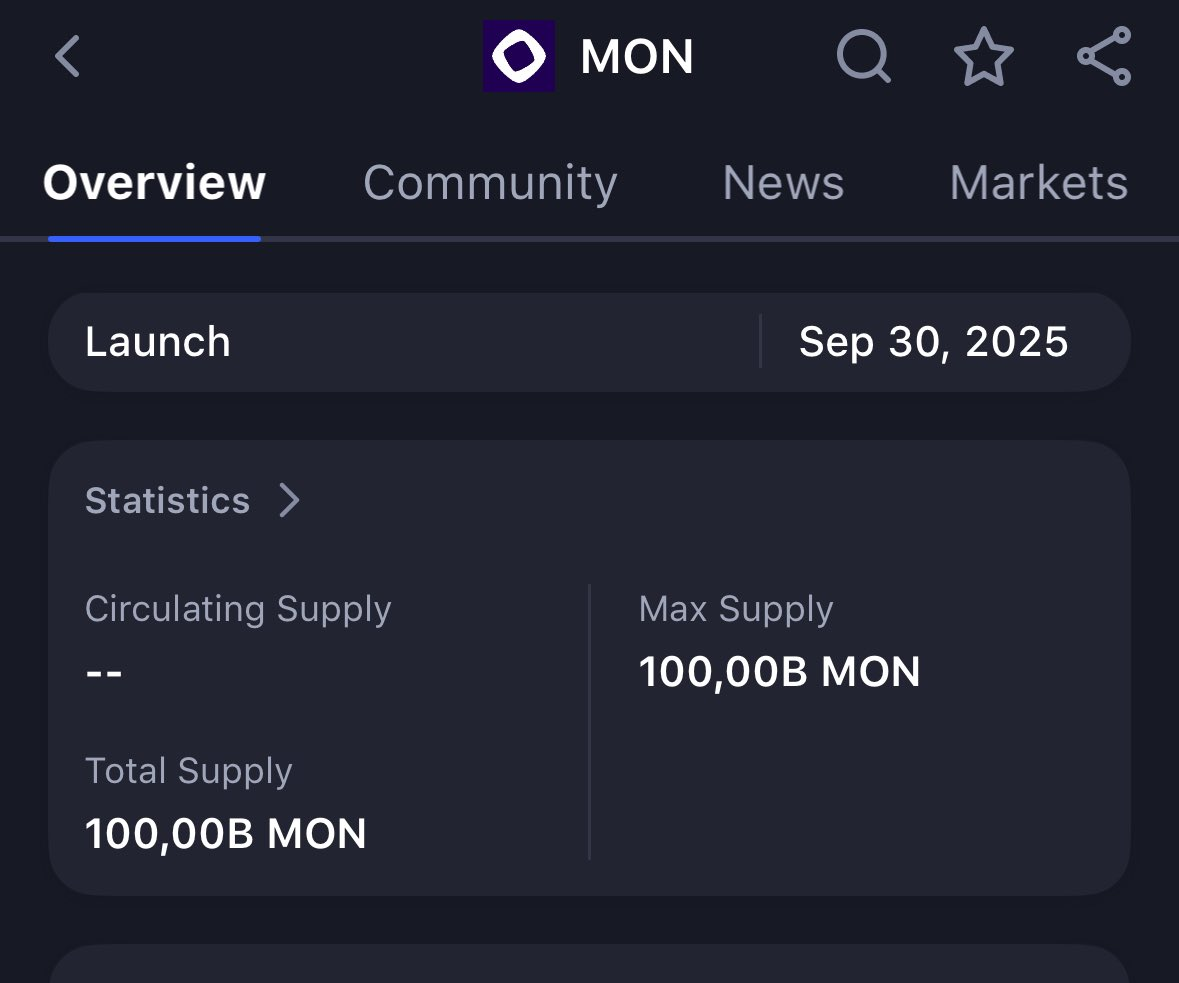 Coinmarketcap：Monad 将于 9 月 30 日上线，代币总量为 1000 亿