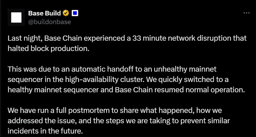 Base：昨日网络中断 33 分钟由主网排序器异常导致，目前已完成修复