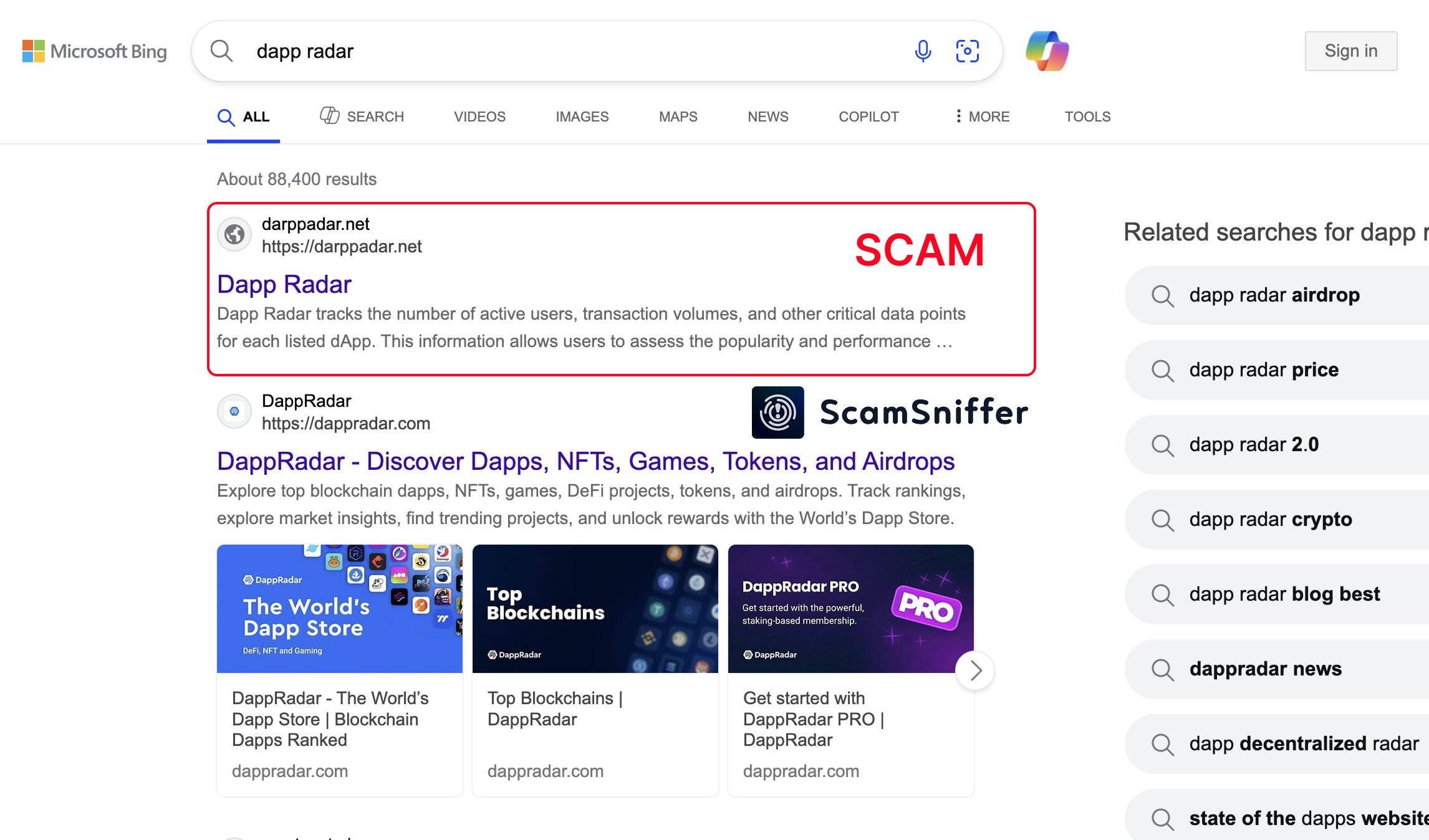 Scam Sniffer：当前必应搜索 “DappRadar” 排名第一的结果为钓鱼网站