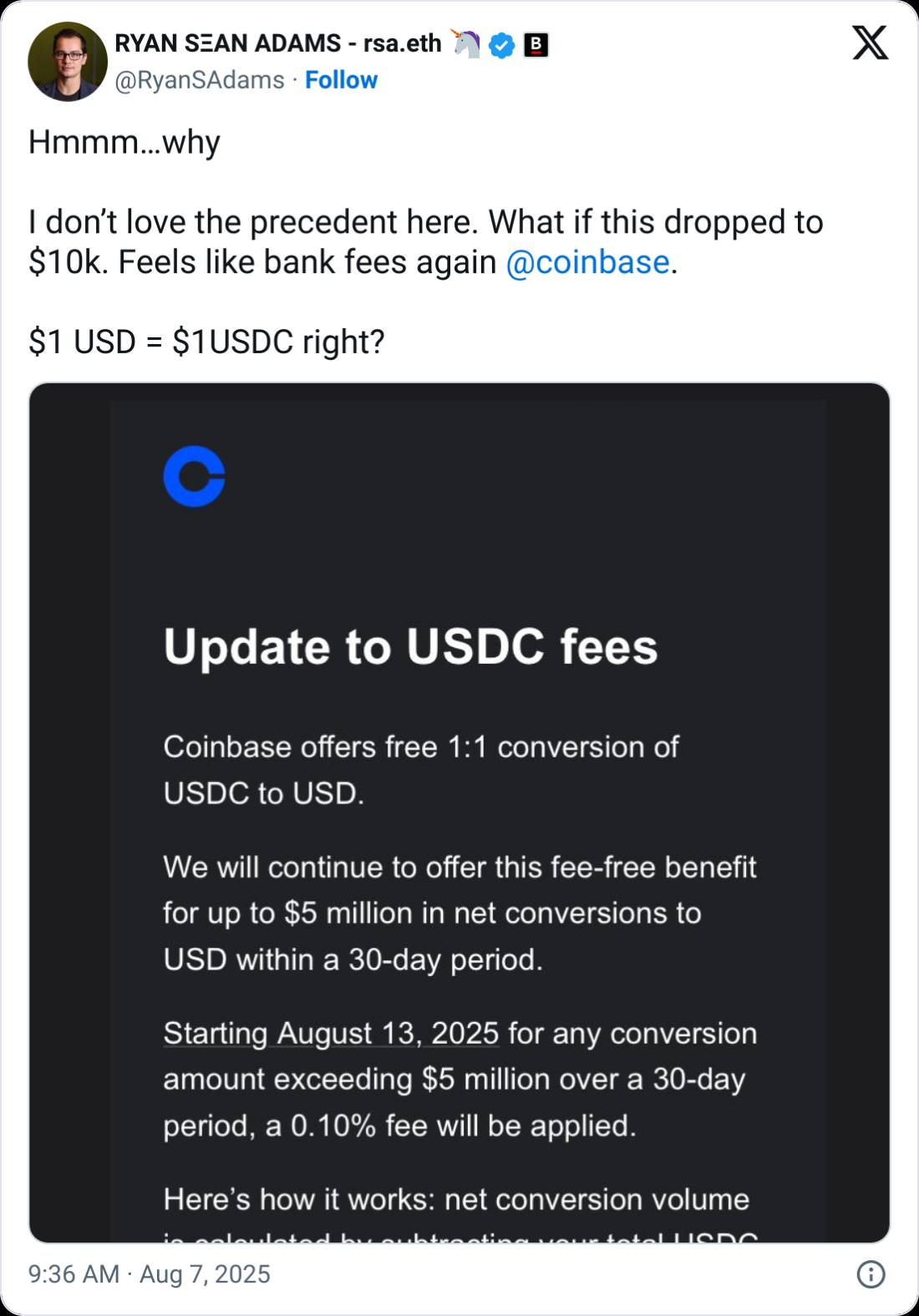 Coinbase 将对超 500 万美元的“USDC 兑换美元”交易收取 0.1% 费用