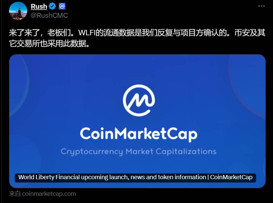 CoinMarketCap CEO：WLFI 273 亿枚的初始流通数据与项目方确认无误