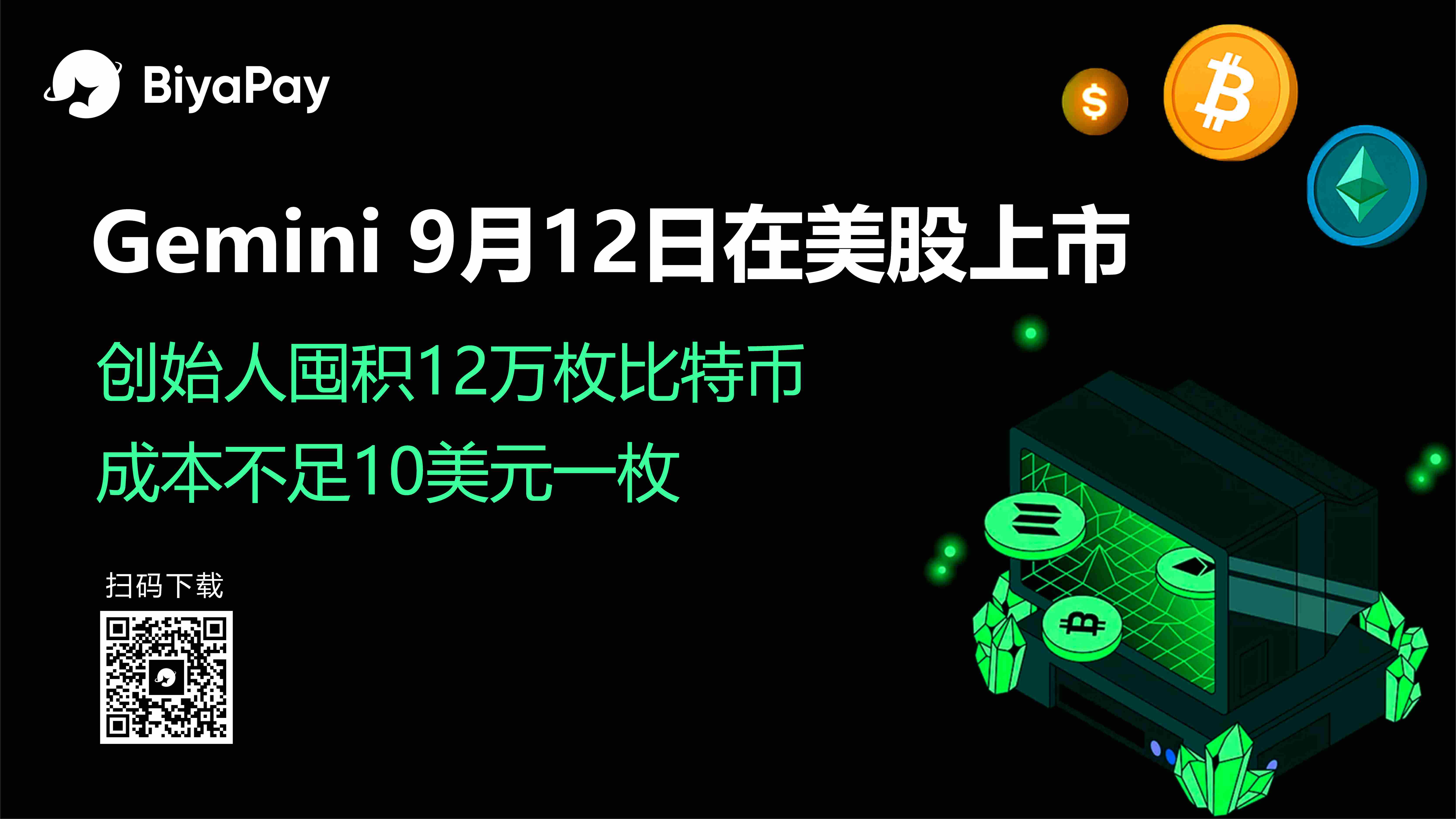 BiyaPay分析师:Gemini 9月12日在美股上市,创始人囤积12万枚比特币,成本不足10美元一枚