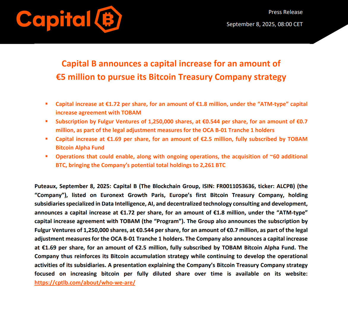 法国上市公司 Capital B 已筹集 580 万美元，将用于增持比特币