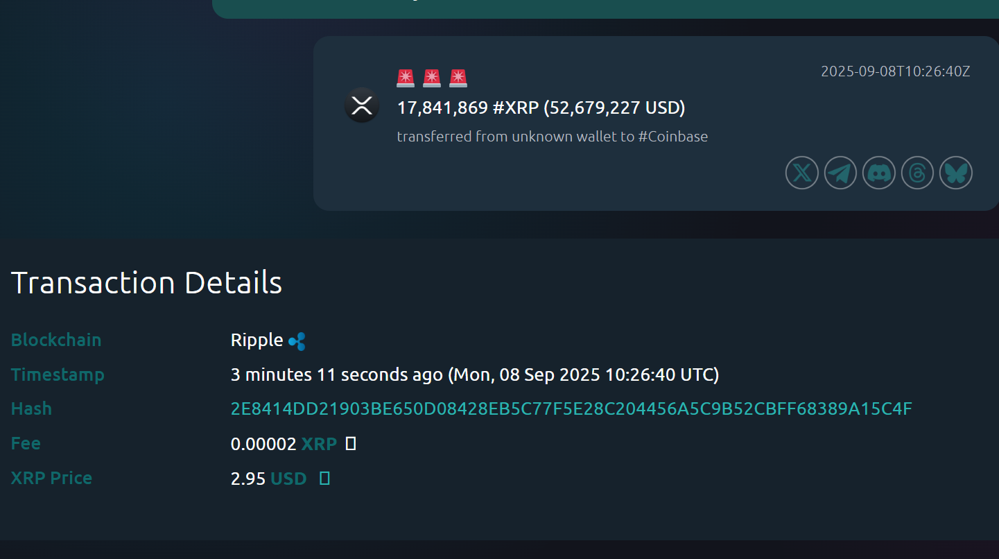 某钱包向 Coinbase 转移约 1,784 万枚 XRP，价值约 5,267.92 万美元