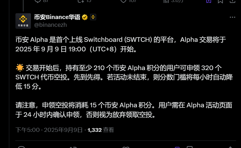 币安 Alpha：Switchboard (SWTCH) 第一阶段空投申领门槛为 210 Alpha 积分，先到先得