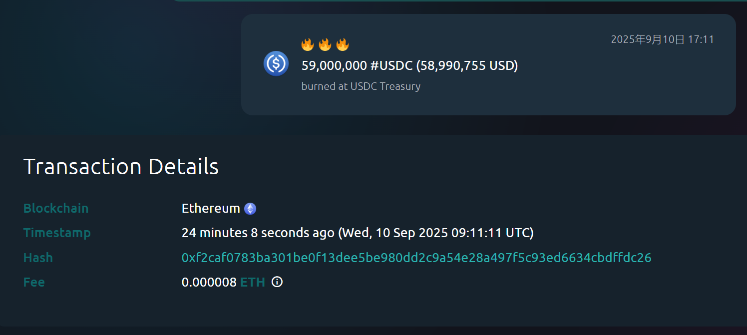 USDC Treasury 再次在以太坊链上销毁 5900 万枚 USDC