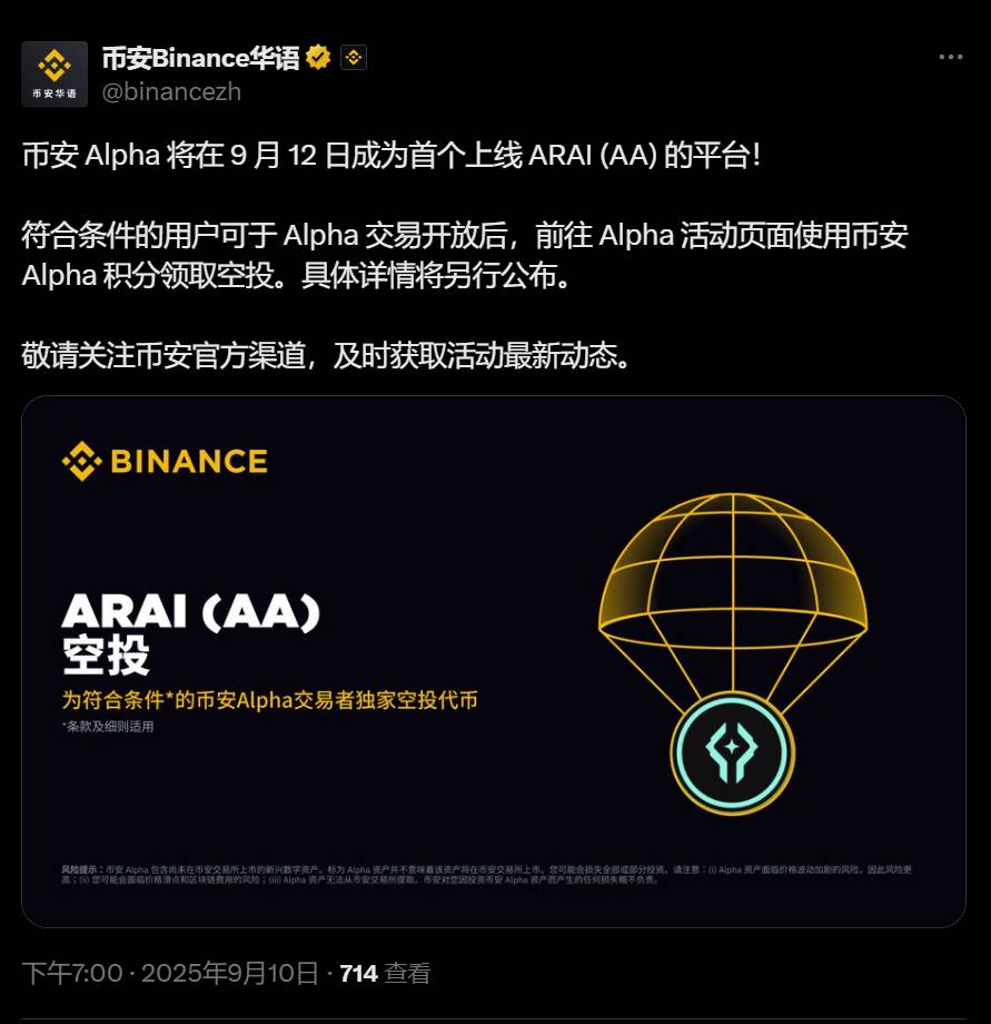 币安 Alpha 将在 9 月 12 日上线 ARAI (AA)，符合条件的用户可申领空投