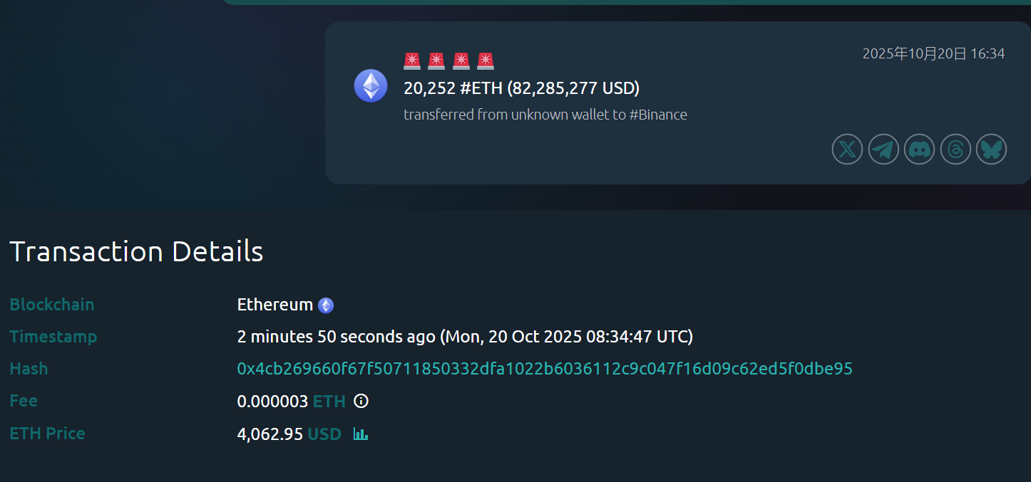 某鲸鱼约 4 分钟前向币安转入 20,252 枚 ETH，价值约 8228 万美元