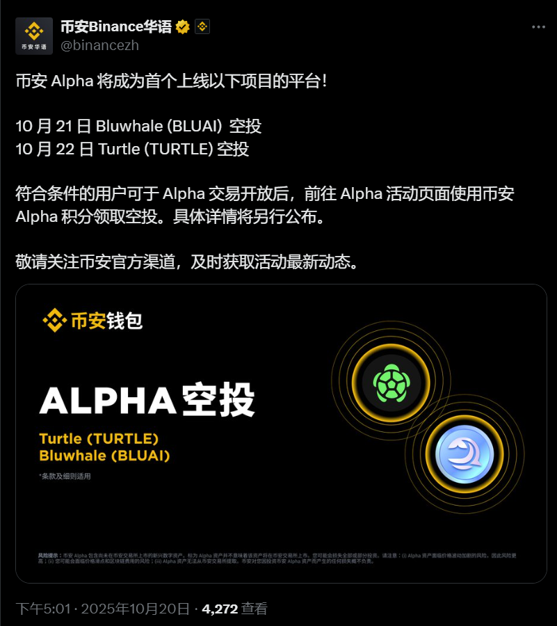 币安 Alpha 将上线 Bluwhale (BLUAI) 、Turtle (TURTLE) 空投活动