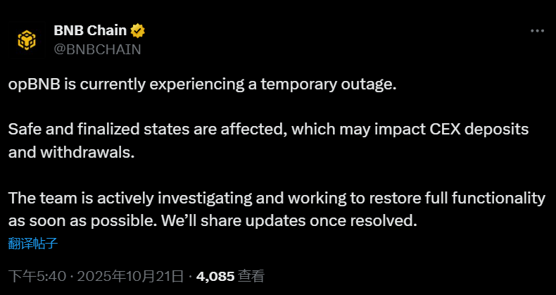 BNB Chain：opBNB 网络出现临时服务中断，或影响 CEX 充提币业务