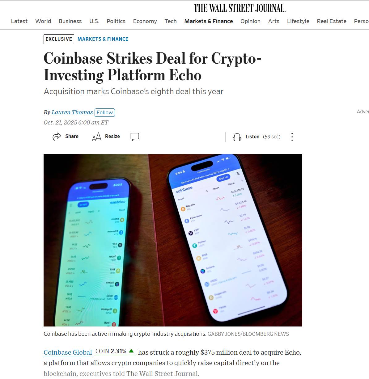 华尔街日报：Coinbase 以 3.75 亿美元收购加密货币投资平台 Echo