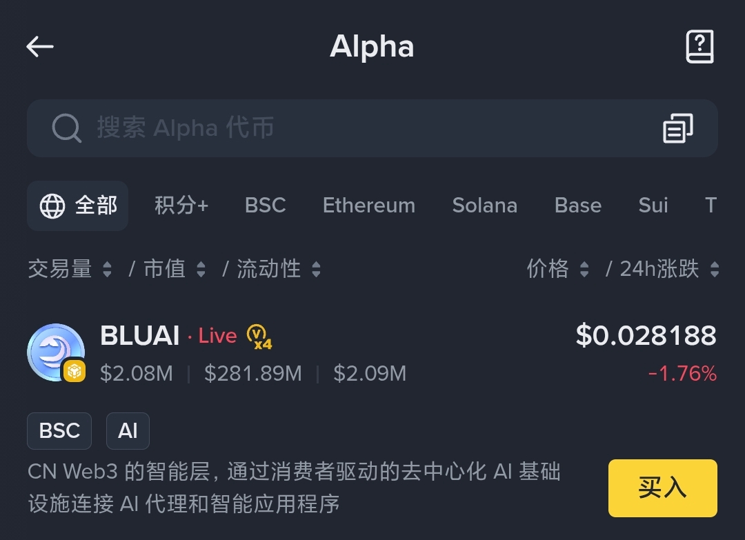 币安 Alpha 已上线 BLUAI