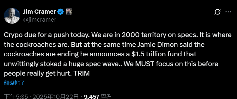 CNBC 主持人 Jim Cramer：预计今日加密货币会上涨，但投机风险已达 2000 年泡沫水平