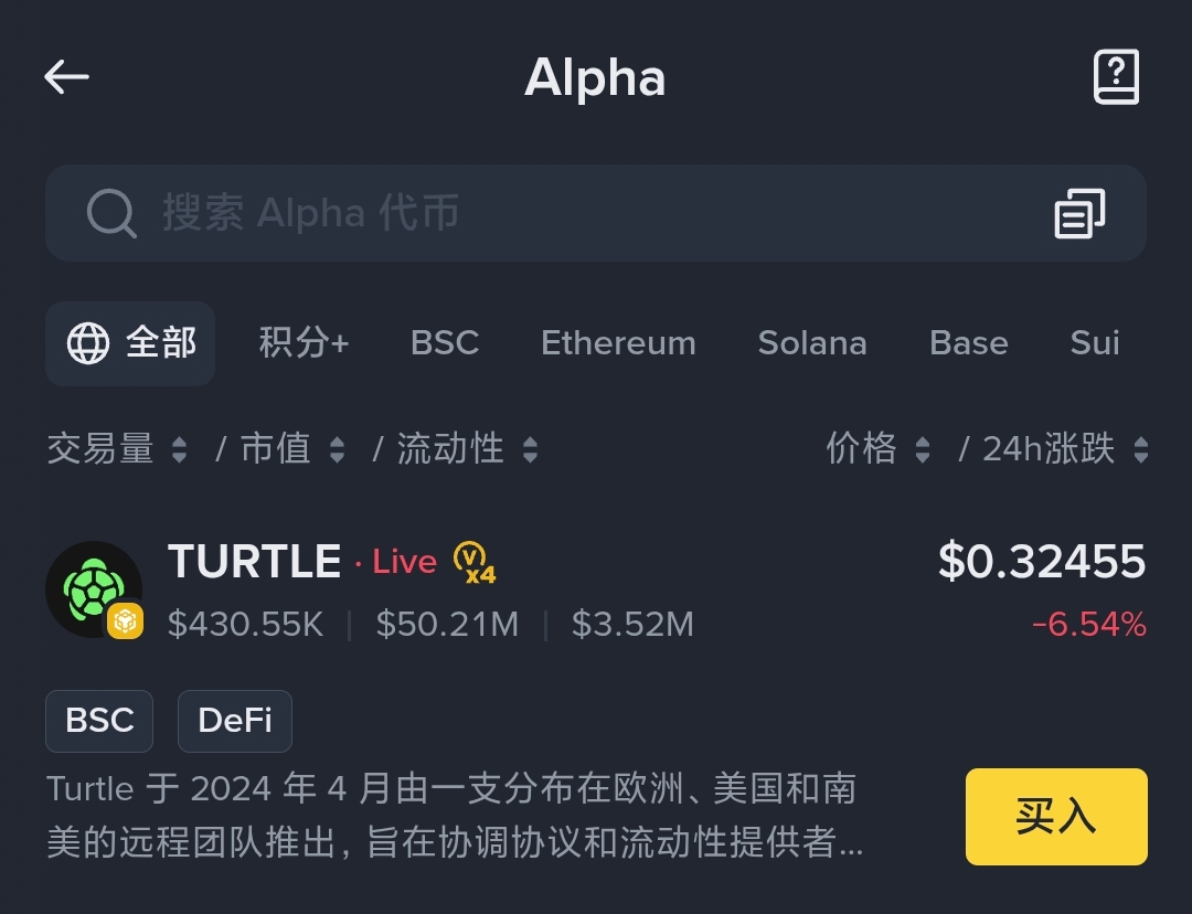 Binance Alpha 已上线 Turtle (TURTLE)