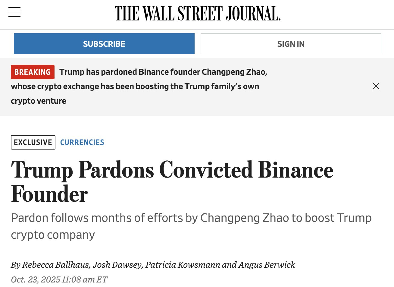 特朗普特赦币安创始人赵长鹏