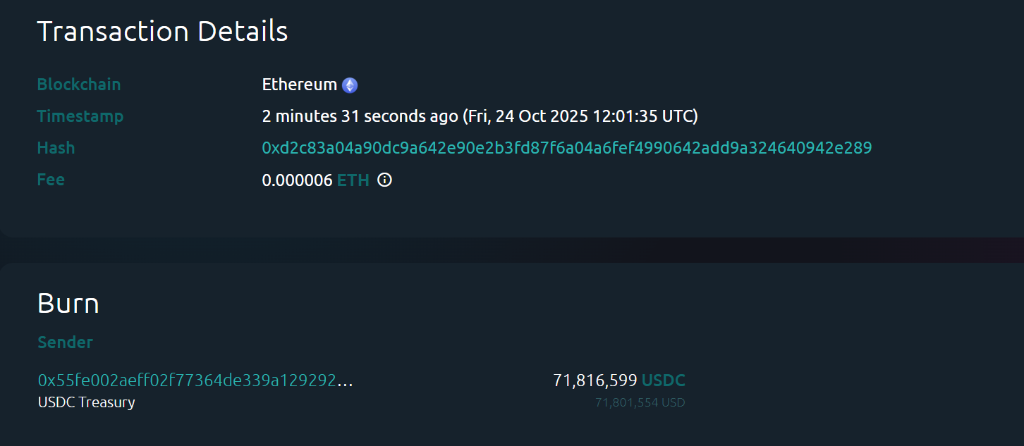 USDC Treasury 在以太坊链上销毁 7181 万枚 USDC