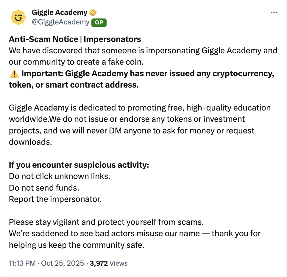Giggle Academy：从未发行过任何加密货币、代币或智能合约地址