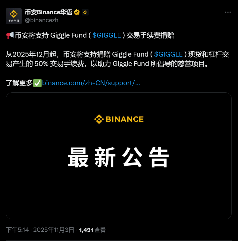 币安将支持 GIGGLE 交易手续费捐赠