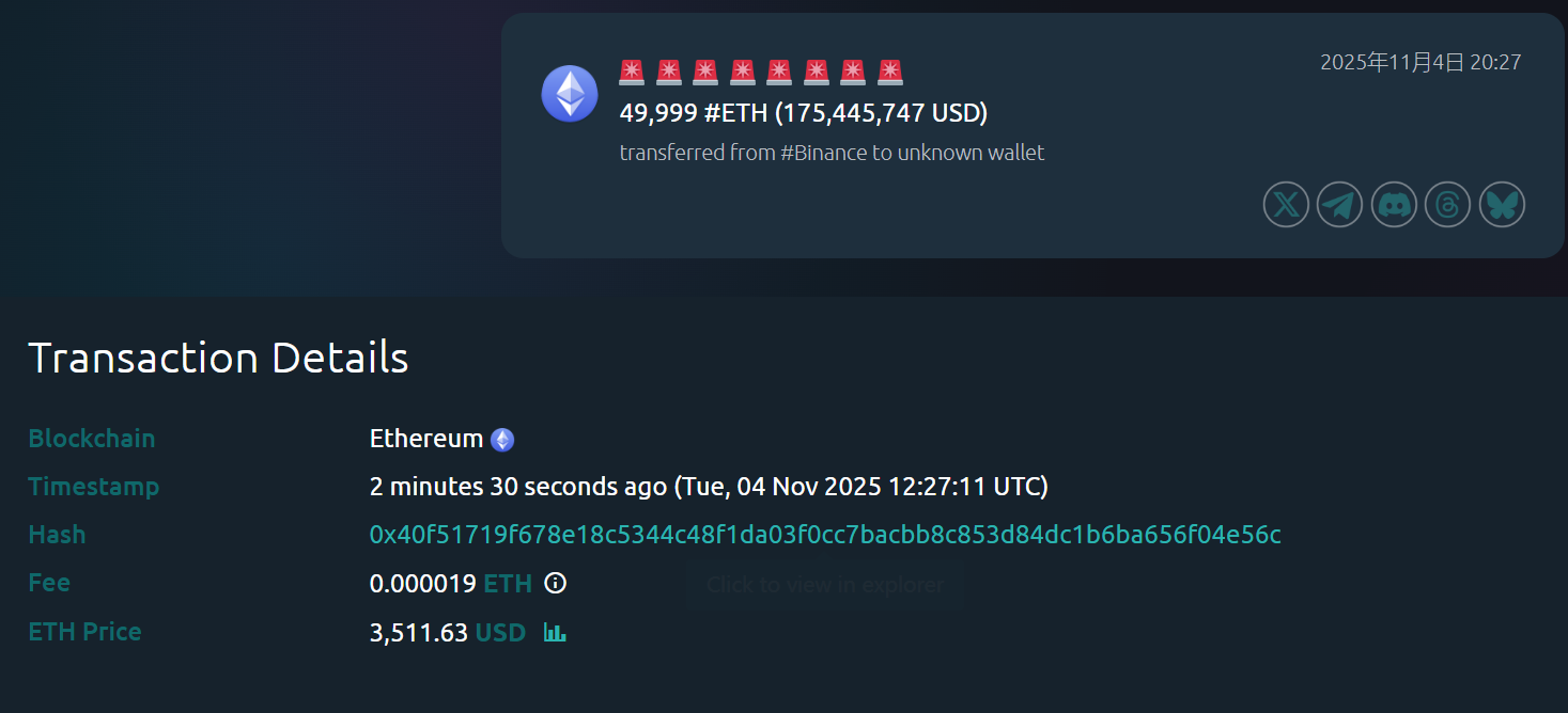 49,999 枚 ETH 从币安转出至某未知钱包，价值约 1.75 亿美元